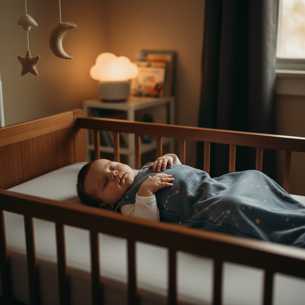 Peaceful baby sleeps safely in a cozy onesie, in a softly-lit, calm nursery perfect for bedtime.