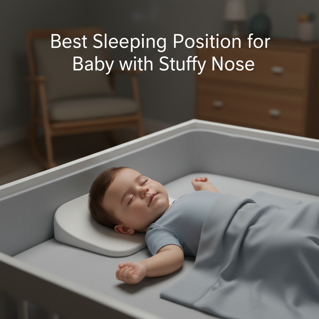 Baby safely sleeping on back in crib with head elevated, showing best position for a stuffy nose.