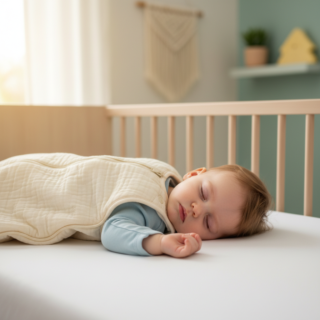 alt_text: A baby sleeps safely on their back in a cozy nursery, dressed in a soft sleep sack for comfort.