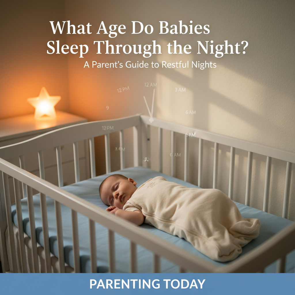 Sleeping baby in crib, nightlight glowing, clock shows passing hours—when do babies sleep all night?