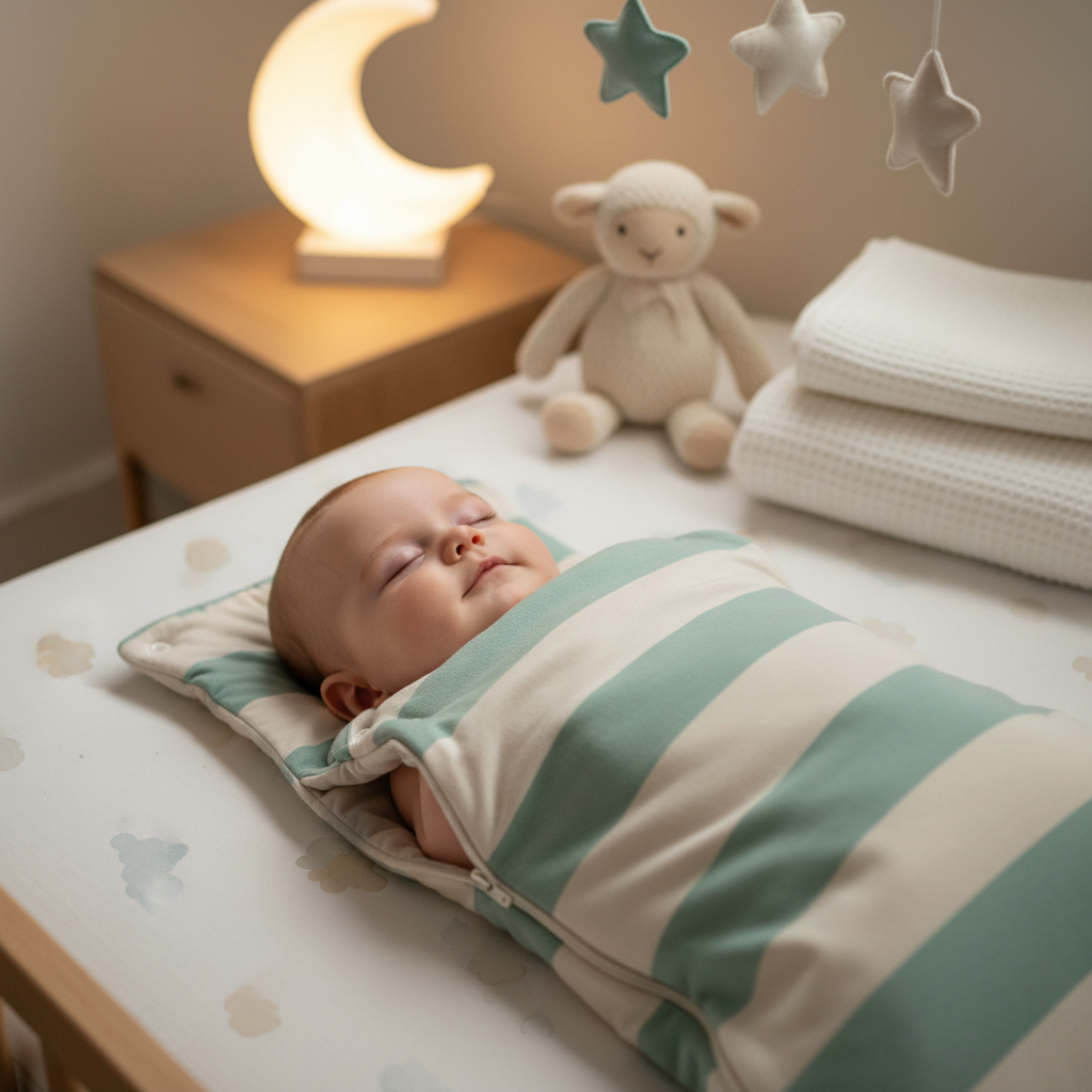 Peaceful baby in a pastel sleeping bag, cozy nursery scene with soft light, plush toy, and bedding.