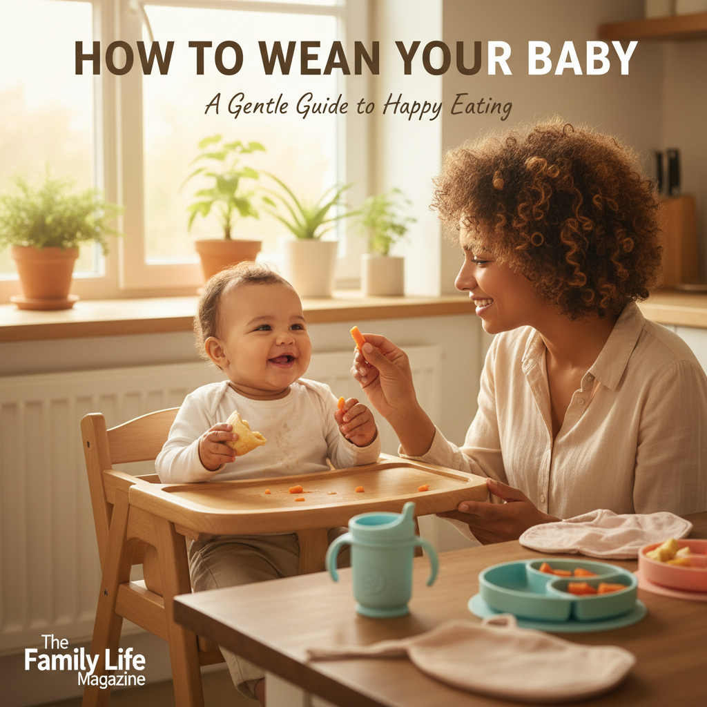 alt_text Mother weaning baby with finger foods in cozy kitchen, both smiling in a warm, natural setting.