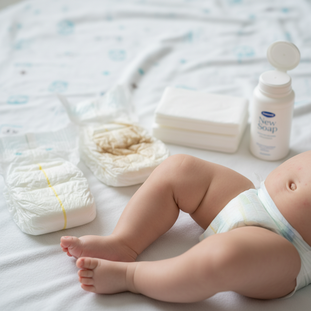 Baby’s lower torso with mild nappy rash, surrounded by common causes: wet diaper, wipes, powder, soap.