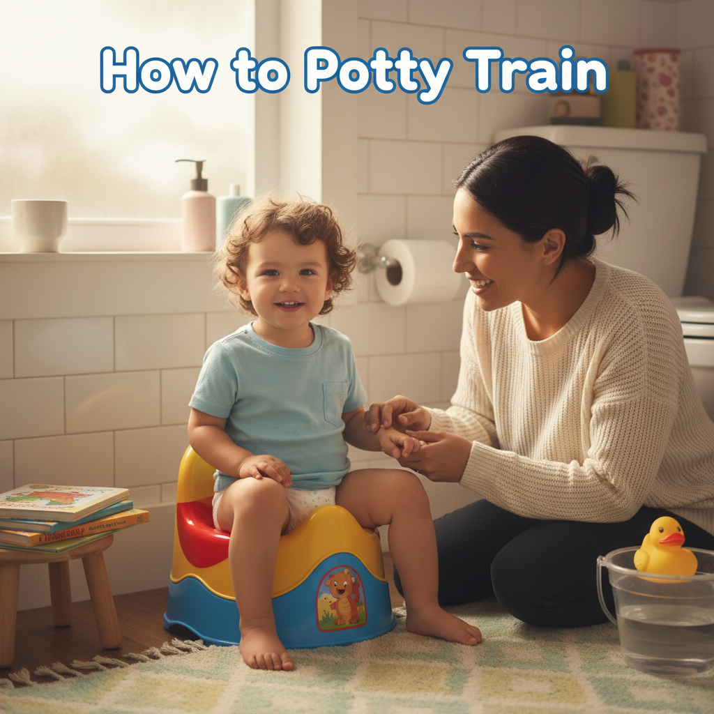 alt_text: A smiling parent supports a happy toddler on a potty chair in a bright, cozy bathroom setting.