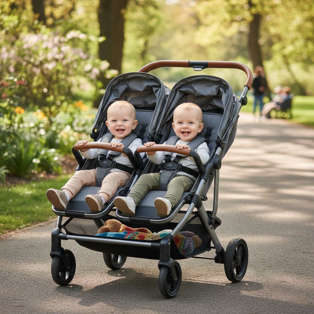 Two happy toddlers sit in a modern double pushchair at the park, showcasing comfort and safety features.