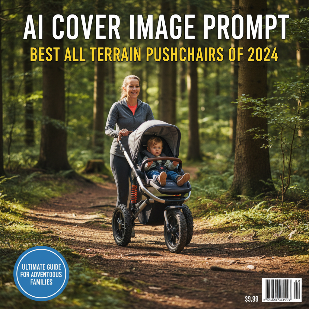 Parent pushes rugged, modern pushchair on forest trail; magazine cover highlights top all-terrain models.