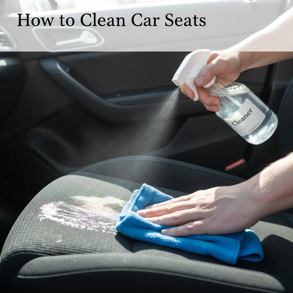 Hands cleaning a dirty car seat with spray and cloth; close-up shot for "How to Clean Car Seats".