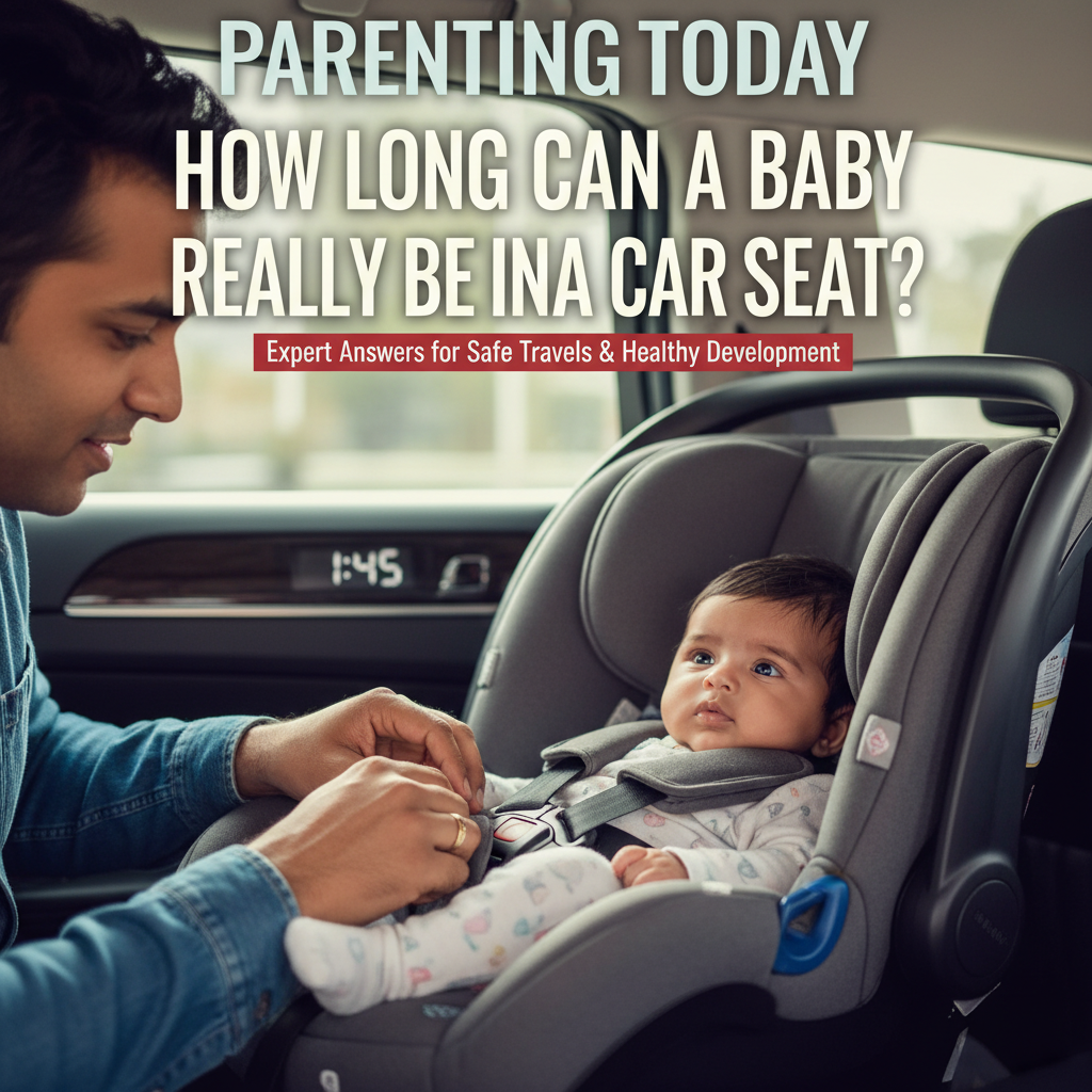 Parent secures baby in car seat; headline asks: How long is safe? Clock highlights safety concern.