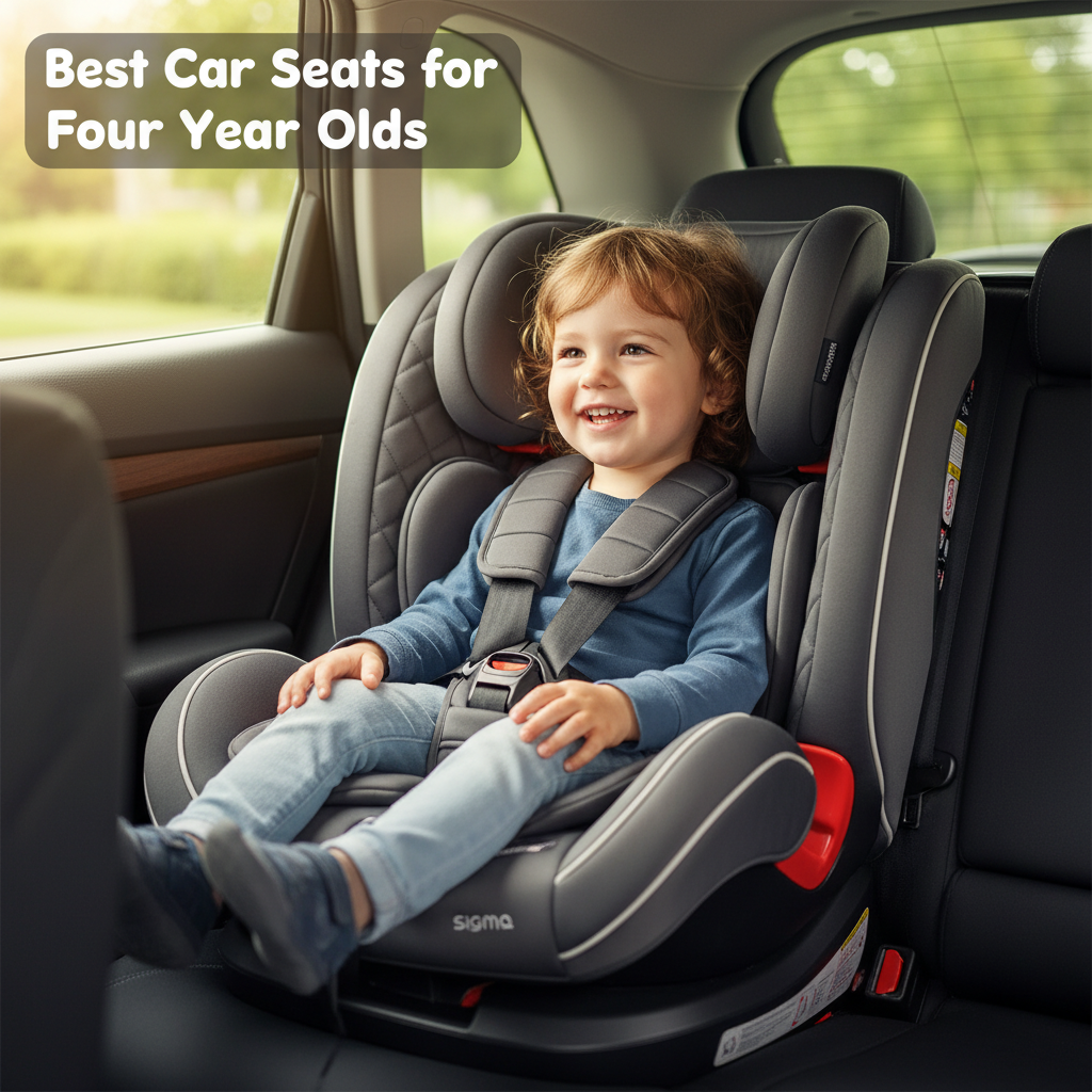 Smiling child safely buckled in a modern car seat; "Best Car Seats for Four Year Olds" in corner.