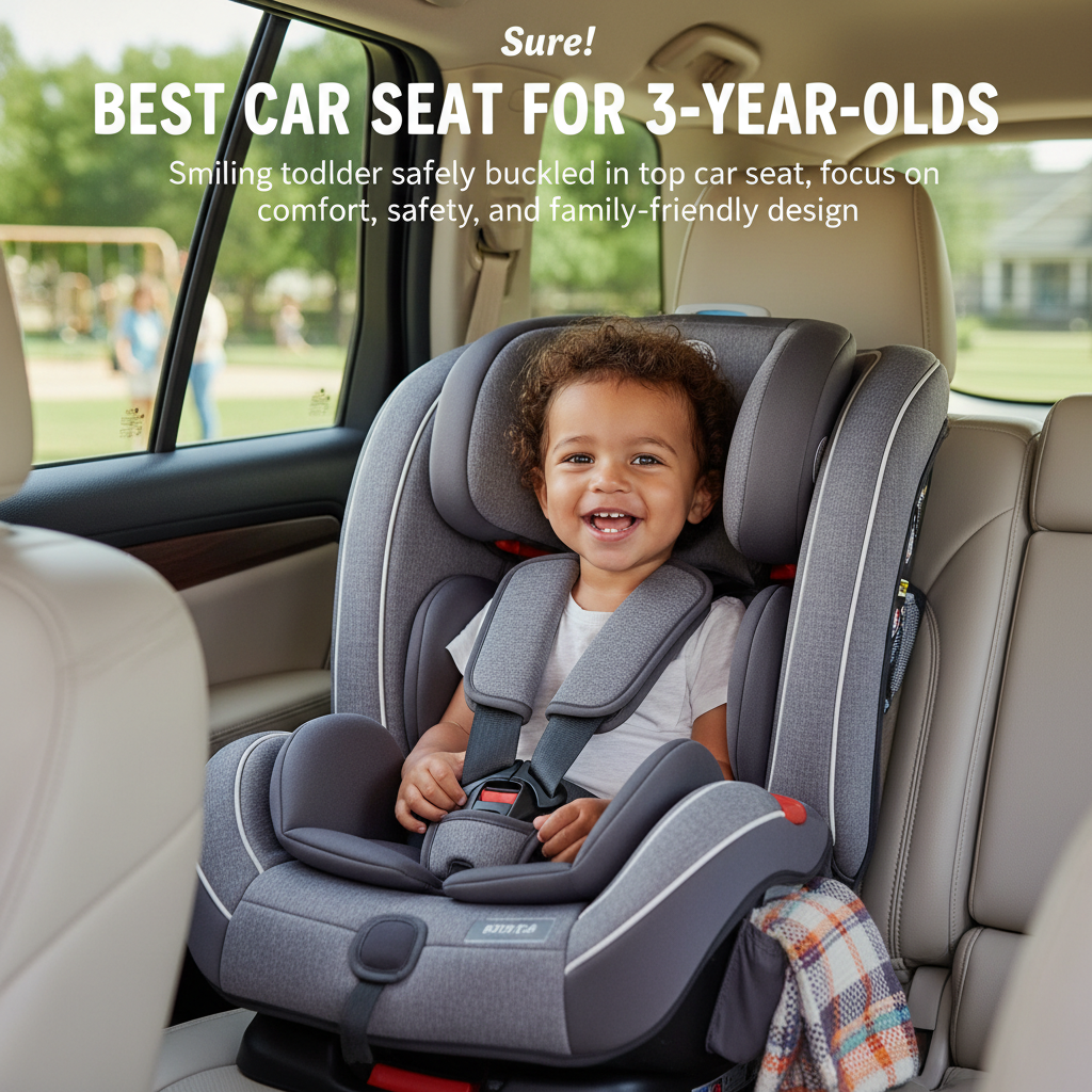 Smiling toddler safely buckled in top car seat; focus on comfort, safety, and family-friendly design.