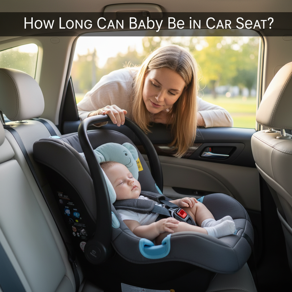 Parent checks calm baby in rear-facing car seat, focusing on safety, comfort, and proper harness use.