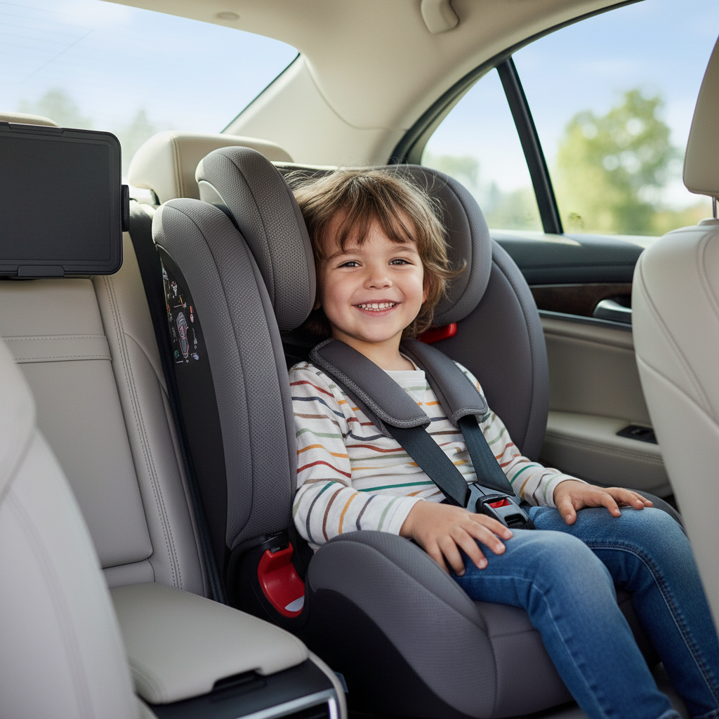 Smiling 4-year-old buckled in a stylish, safe car seat inside a bright, modern car interior.