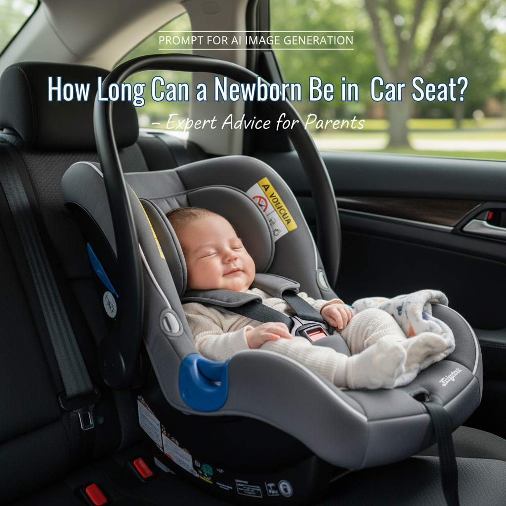 Newborn in a car seat inside a car, buckled safely, with magazine headline about expert safety advice.