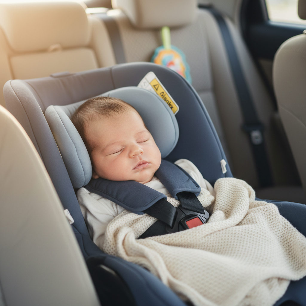 Newborn baby safely strapped in a car seat, highlighting proper harnessing and comfort in a car.