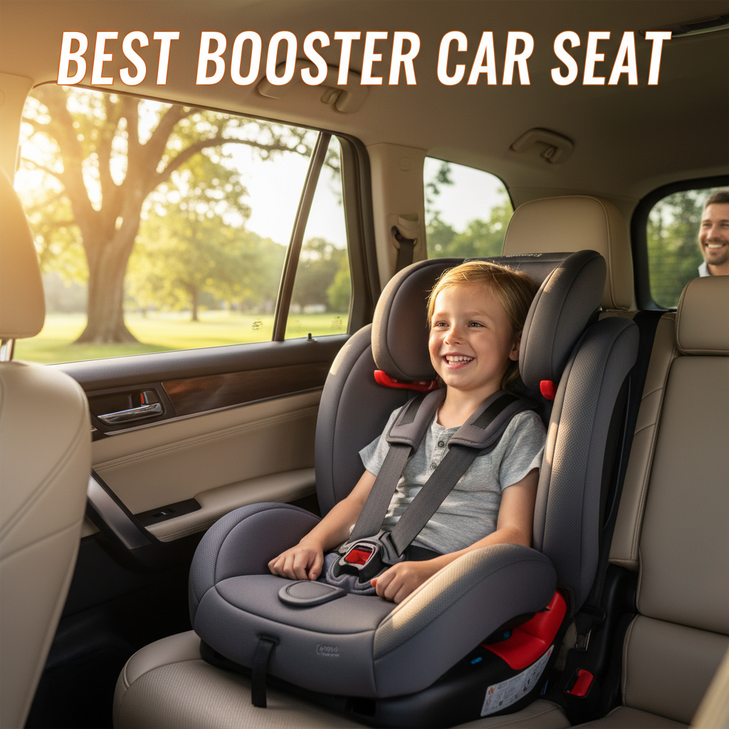 Best Booster Car Seat showcased with a happy child, safe harness, and smiling parents in a bright car.