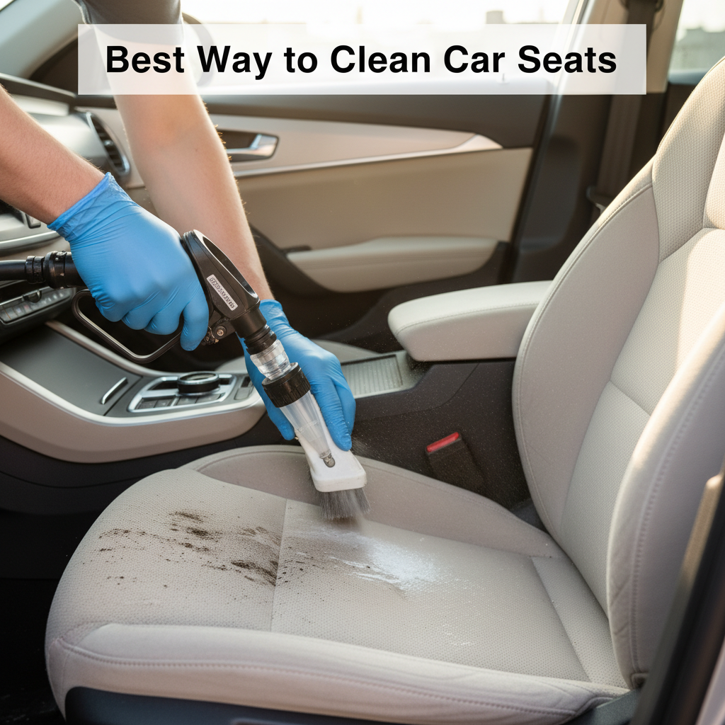 Half-cleaned car seat being scrubbed, showing dramatic before-and-after cleaning results in a modern car.
