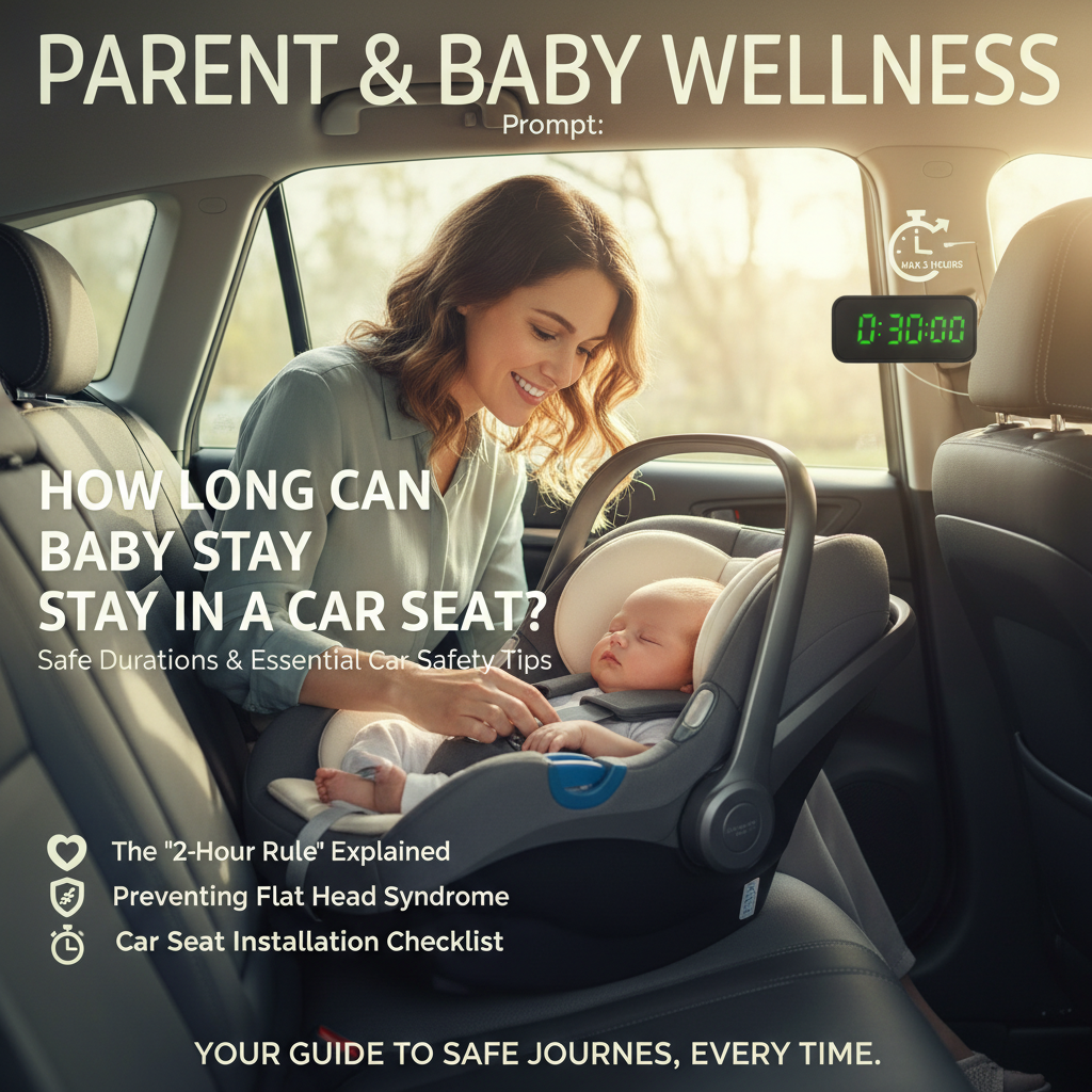 Parent watching baby in car seat, timer highlights safe duration; focus on comfort and car safety tips.