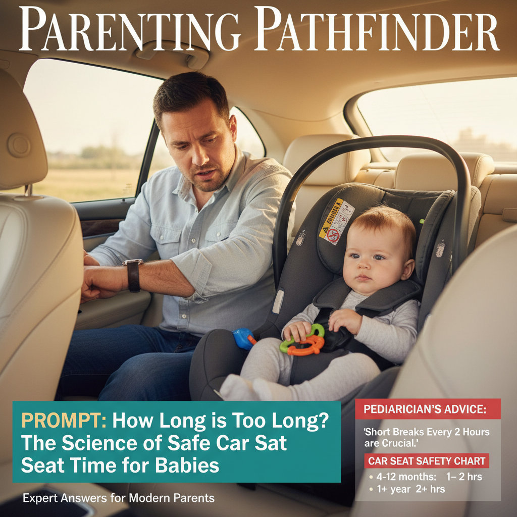 Concerned parent checks time as baby waits in a rear-facing car seat; safety tips and expert advice shown.