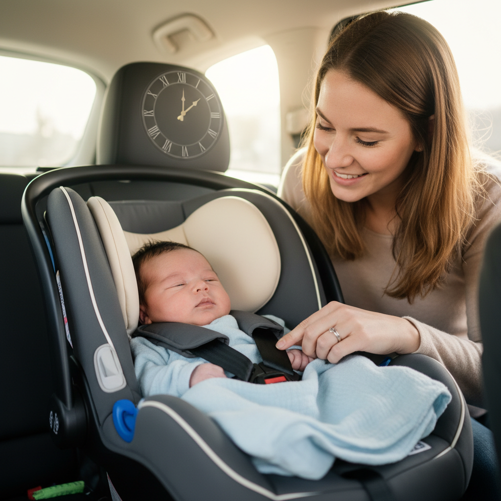 A parent buckles a newborn into a rear-facing car seat, with a clock hinting at duration or safety.