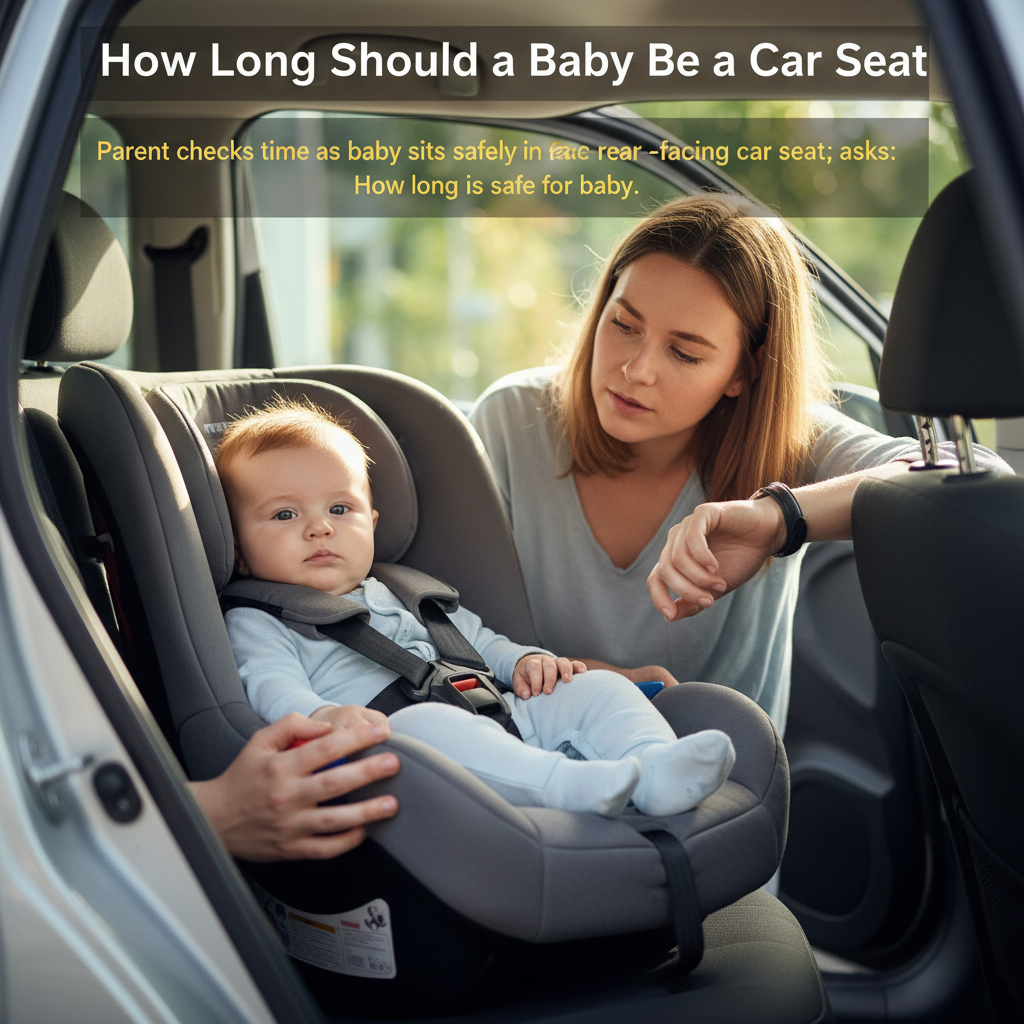 Parent checks time as baby sits safely in rear-facing car seat; asks: How long is safe for baby?