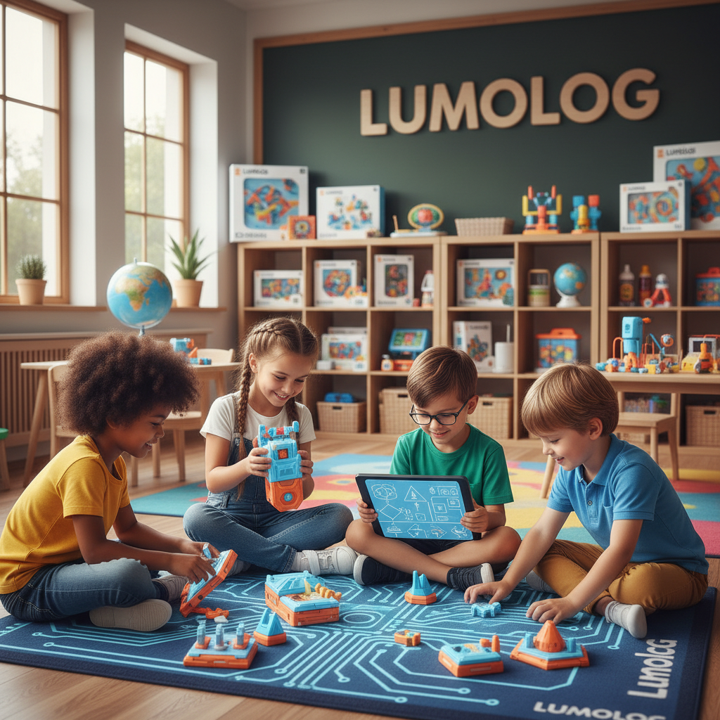 Children play with colorful Lumolog educational toys in a vibrant, inspiring classroom setting.