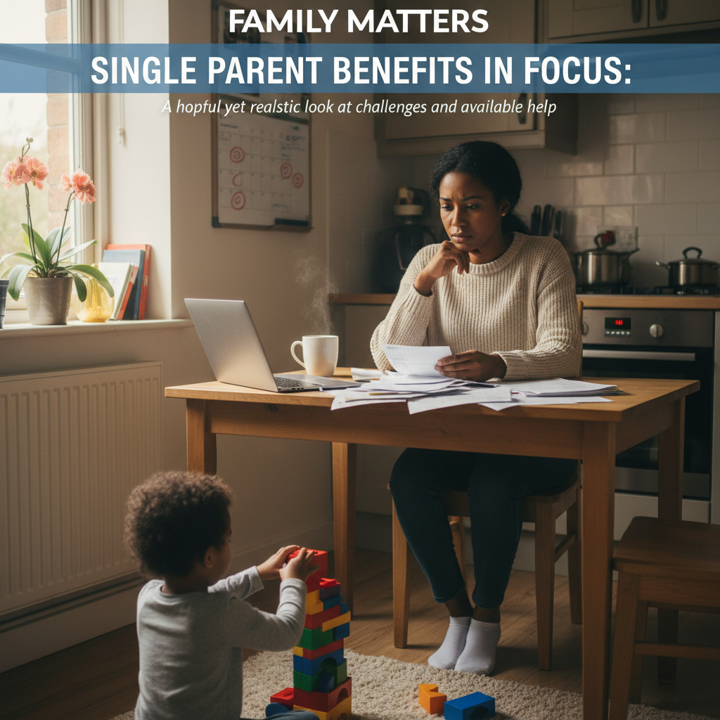 Single parent reviews benefits at kitchen table, child nearby—challenges and support in the spotlight.