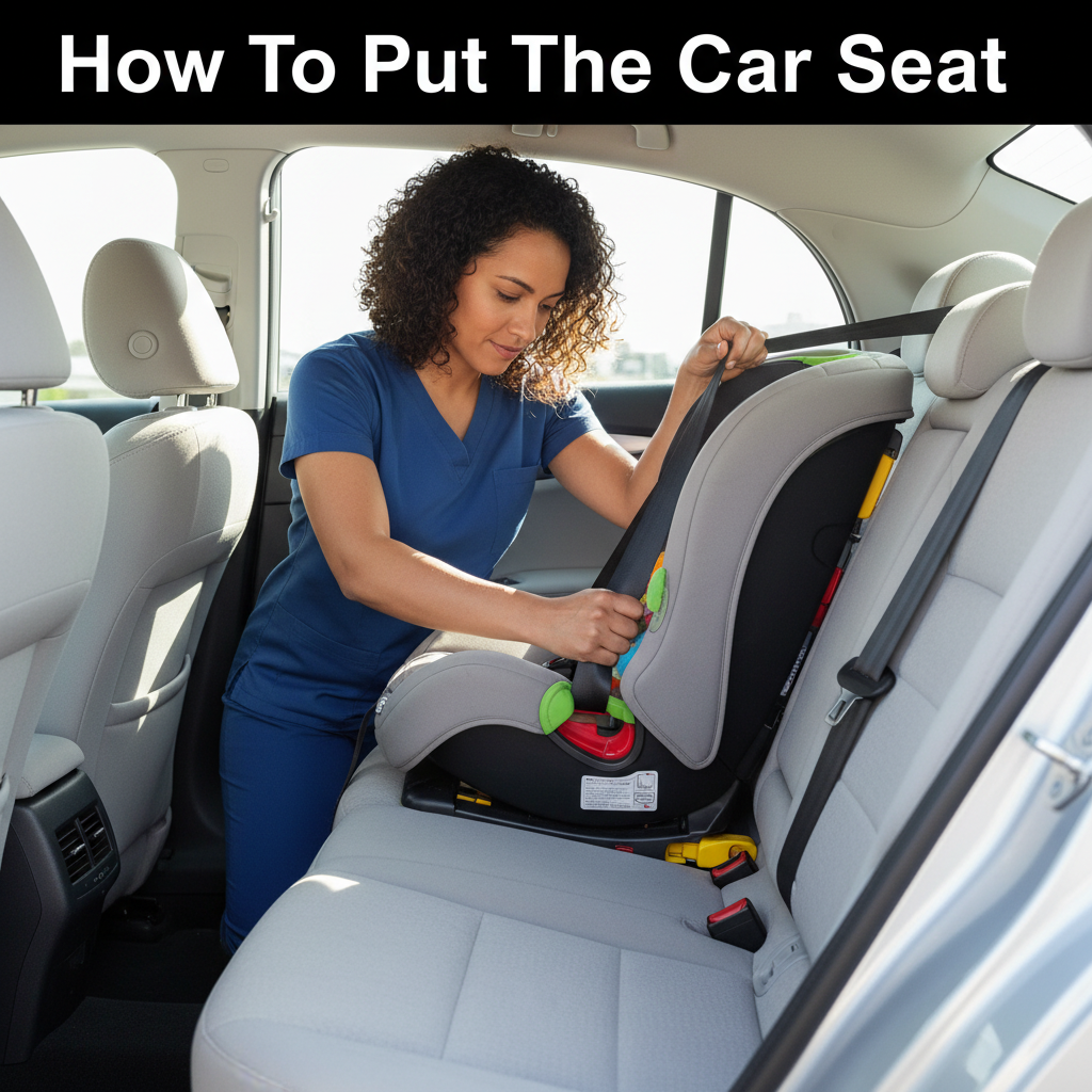 How To Put The Car Seat: An adult demonstrates secure child seat installation in a modern car’s back seat.