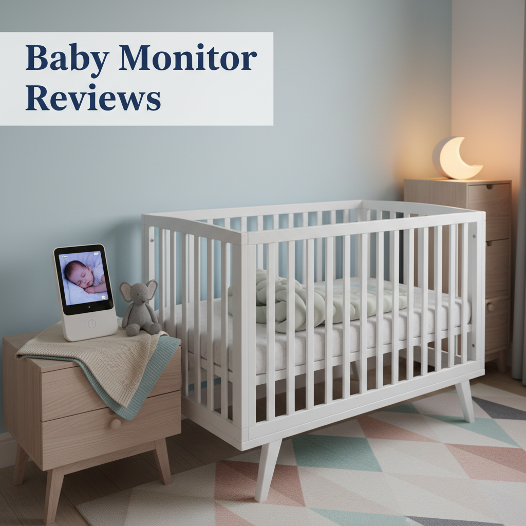 Baby Monitor Reviews: Modern nursery with crib, baby monitor, and cozy, gentle pastel accents.