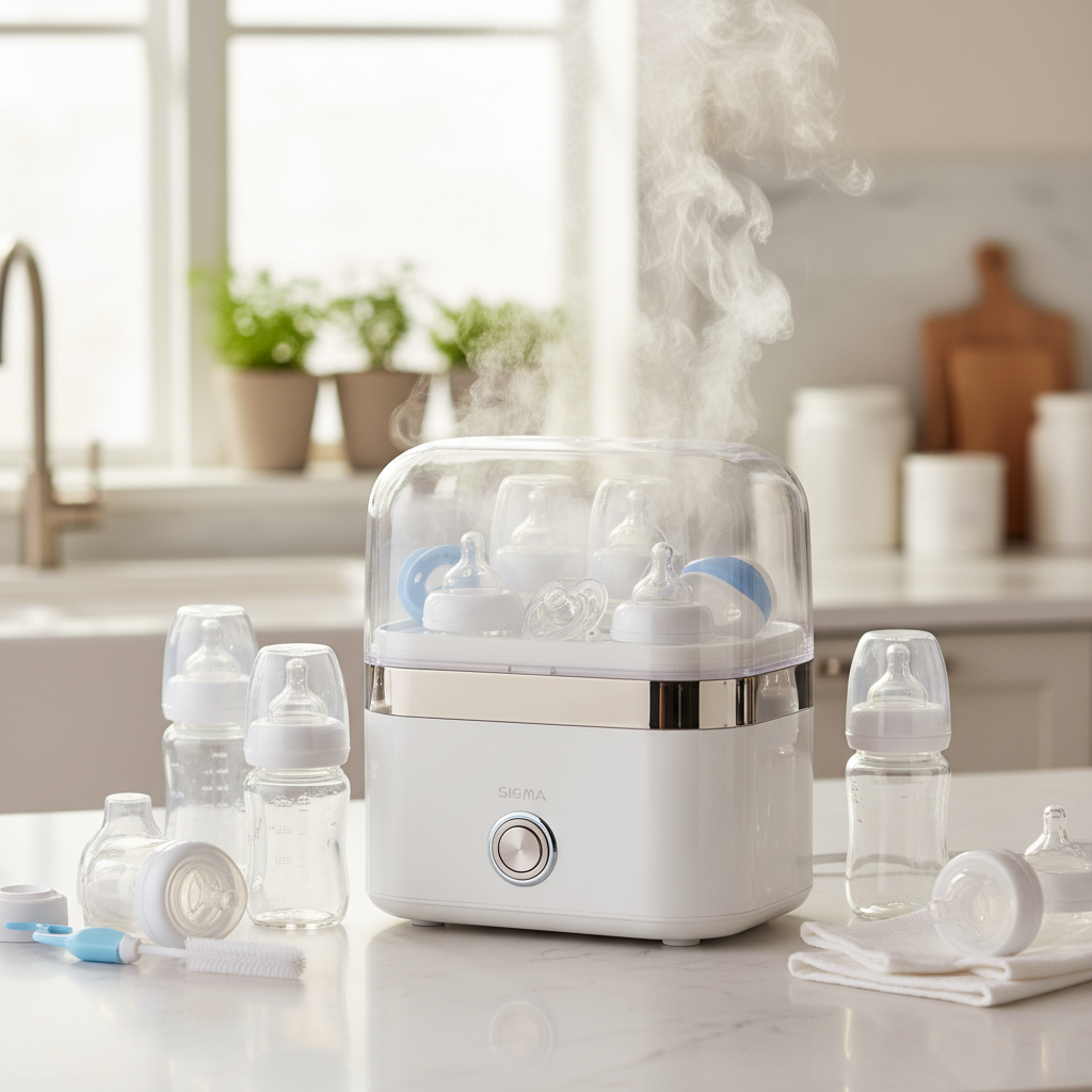 Modern bottle sterilizer on kitchen counter with clean baby bottles, glowing steam, and fresh atmosphere.