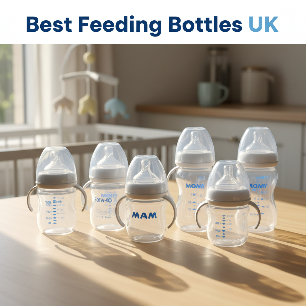 Assorted UK baby bottles on a bright surface with "Best Feeding Bottles UK" text in a cozy setting.