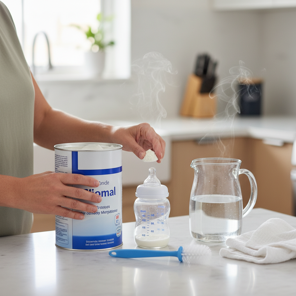 Parent preparing formula milk bottle on a clean kitchen counter, emphasizing safety and careful hygiene.