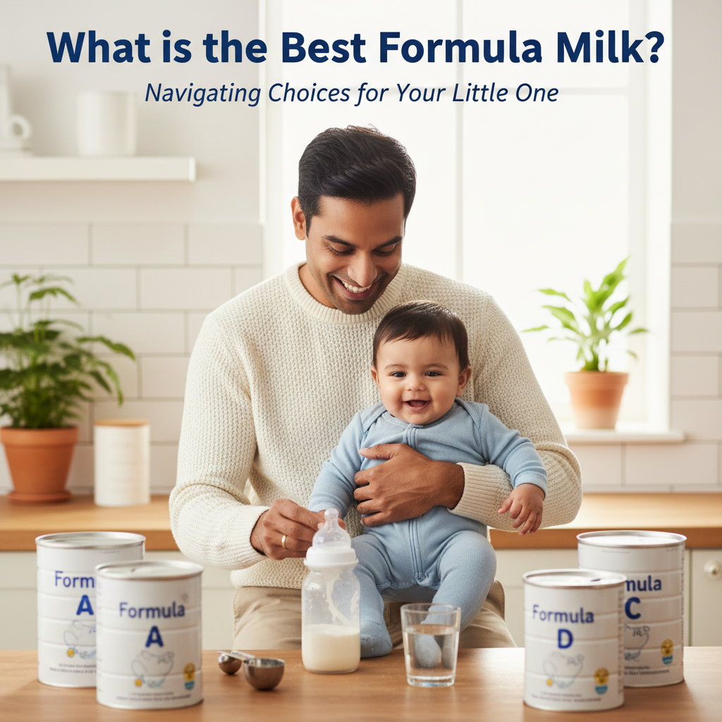 Happy parent with baby in cozy kitchen, reviewing formula milk options for "What is the Best Formula Milk?"