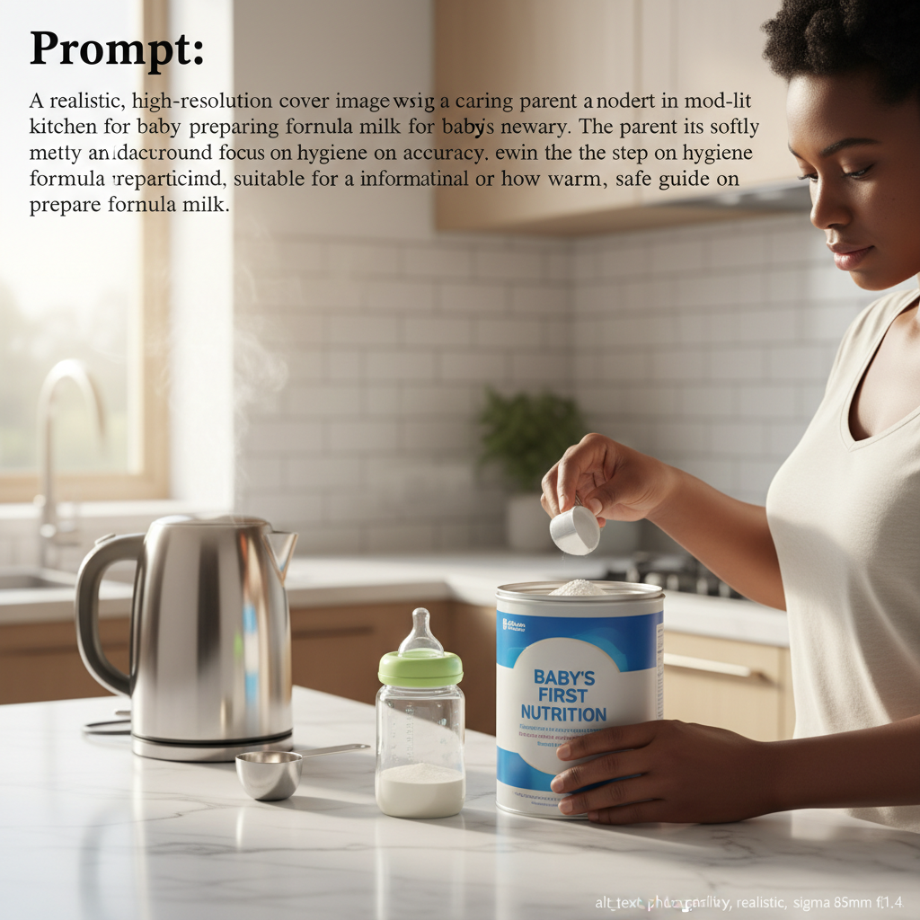 alt_text: Parent preparing formula milk in a clean kitchen, focusing on hygiene and accurate measurement.