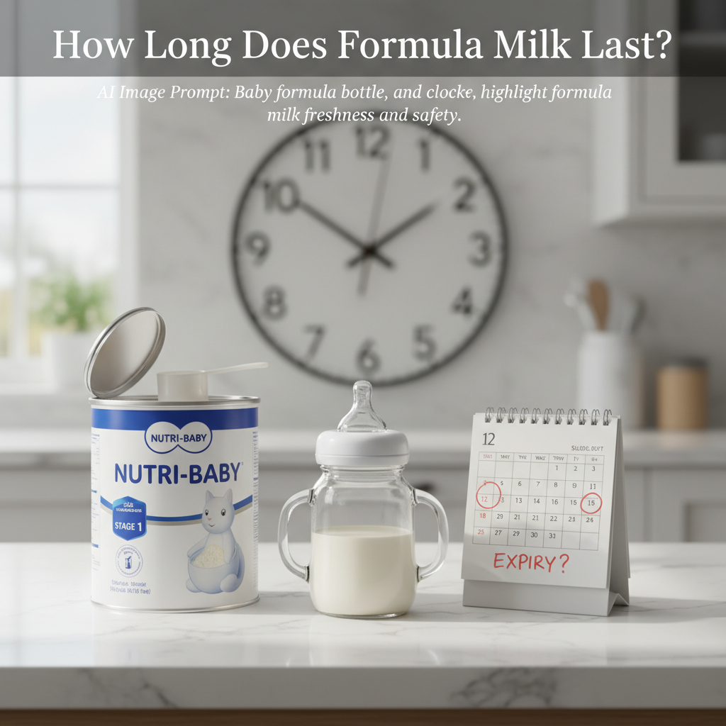 Baby formula bottle, powder container, clock, and calendar highlight formula milk freshness and safety.