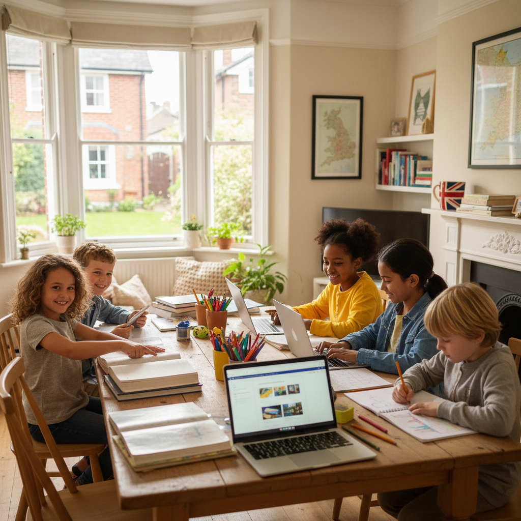 Diverse British kids studying at home with books and laptops in a bright, inspiring UK setting.