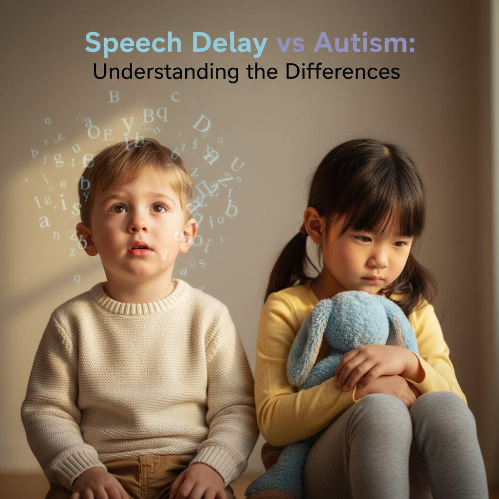 Two children: one struggling to speak, one withdrawn, illustrate speech delay and autism differences.