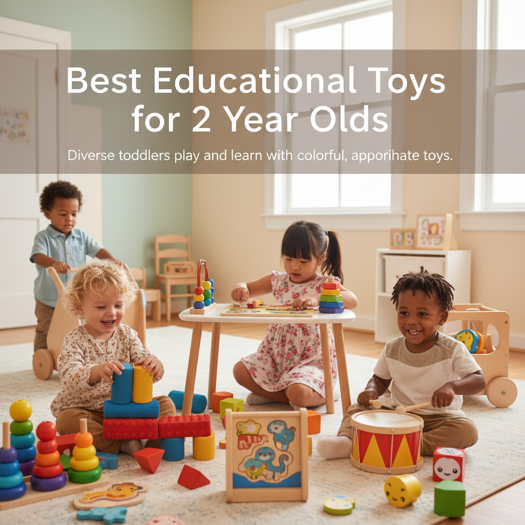Best Educational Toys for 2 Year Olds: Diverse toddlers play and learn with colorful, age-appropriate toys.