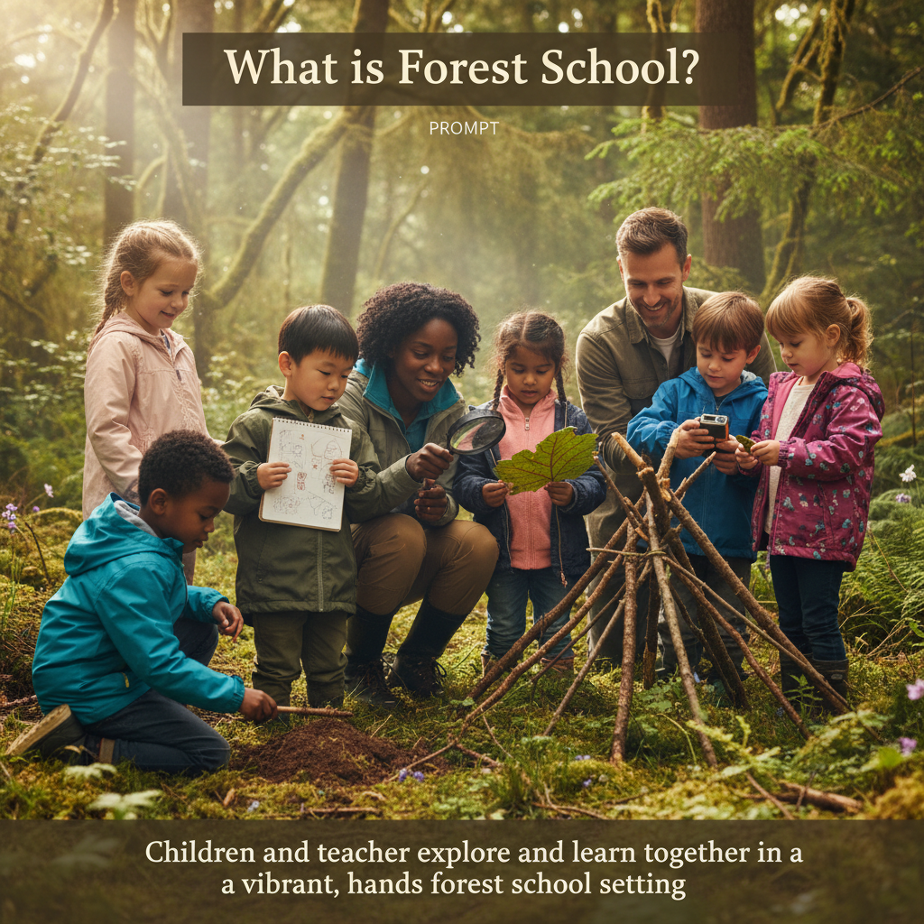 Children and teacher explore and learn together in a vibrant, hands-on forest school setting.