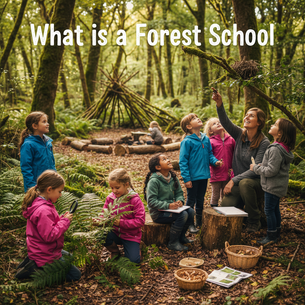 Children learning and exploring nature with a teacher in a vibrant forest school outdoor classroom.