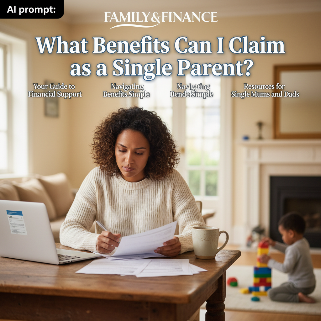 Single parent at home reviews benefit forms, child plays nearby—support and advice for families.
