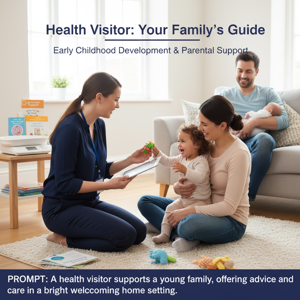 A health visitor supports a young family, offering advice and care in a bright, welcoming home setting.