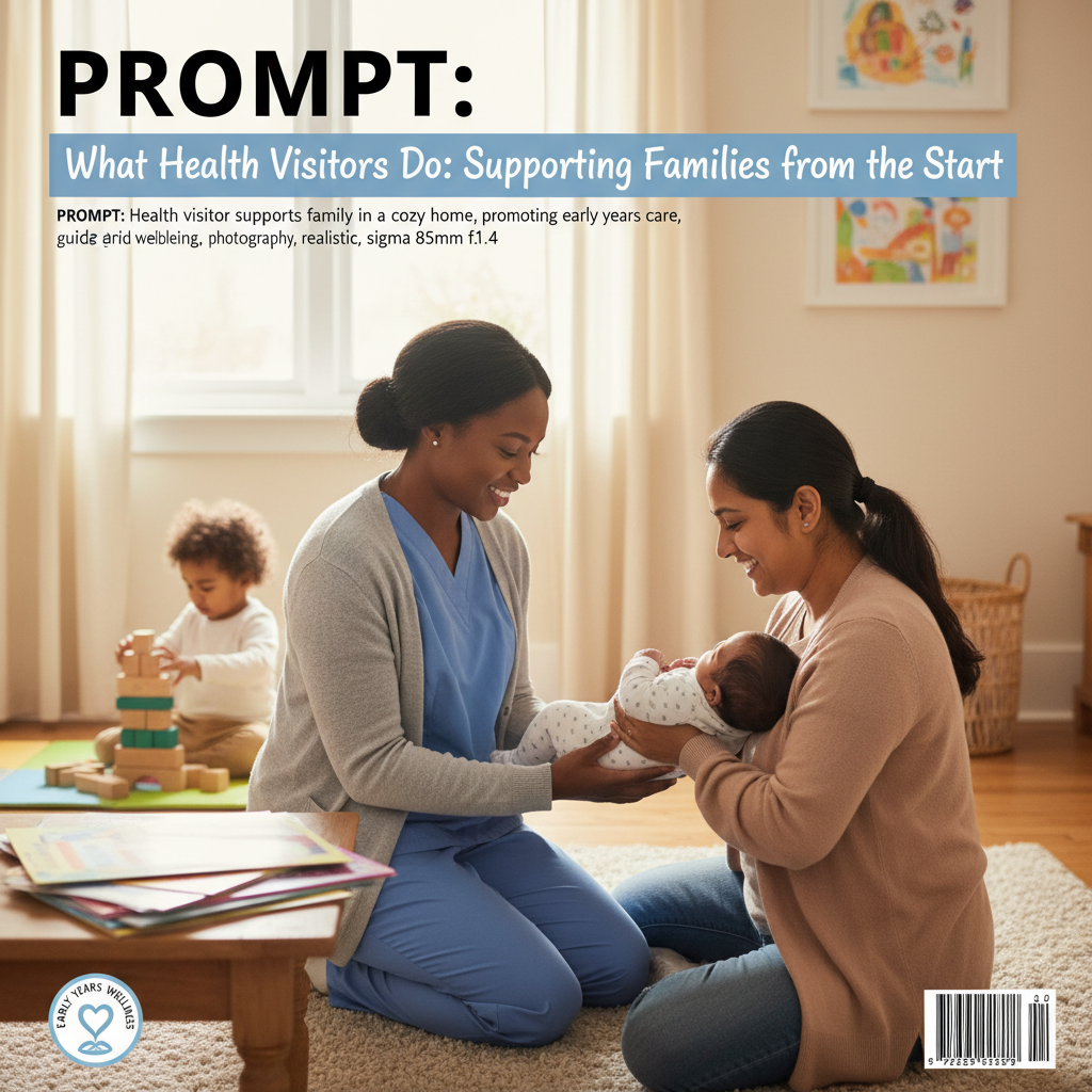Health visitor supports family in a cozy home, promoting early years care, guidance, and child wellbeing.