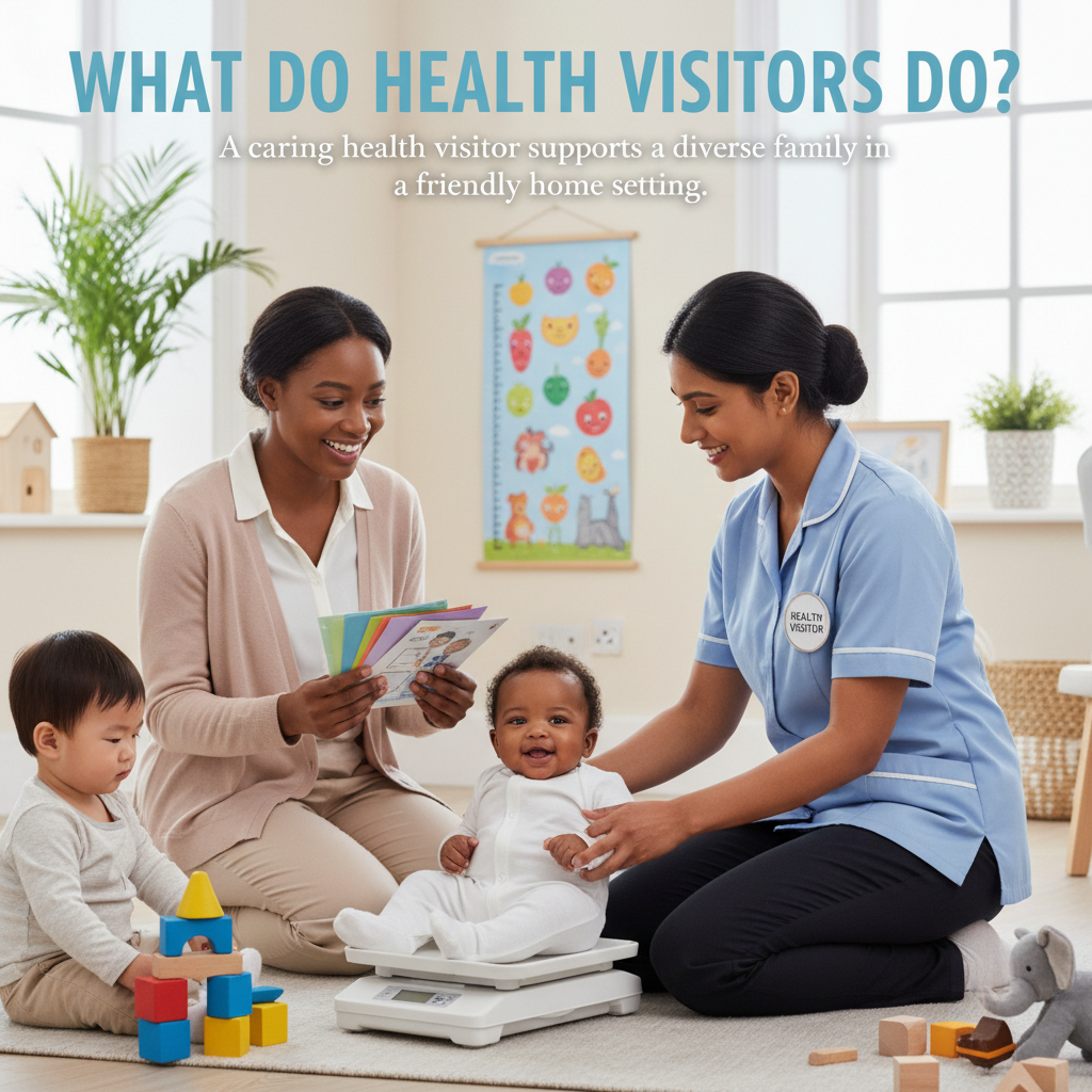 What Do Health Visitors Do? A caring health visitor supports a diverse family in a friendly home setting.