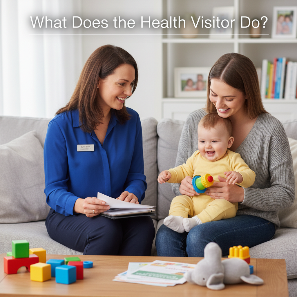A caring health visitor supports a parent and baby at home, building trust and offering expert guidance.