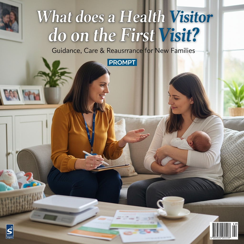 A health visitor supports a new parent and baby at home, offering guidance, care, and reassurance.