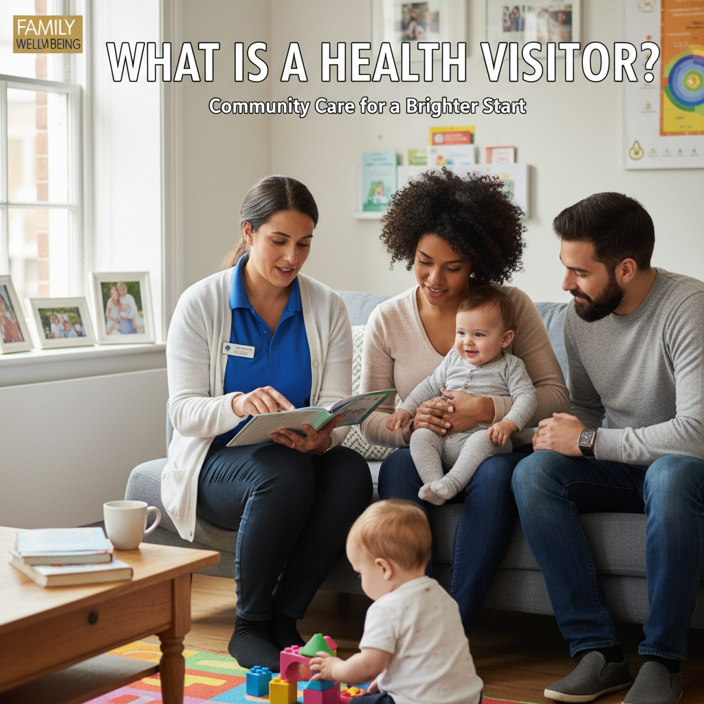 Health visitor supports a young family at home, offering advice and care in a welcoming environment.