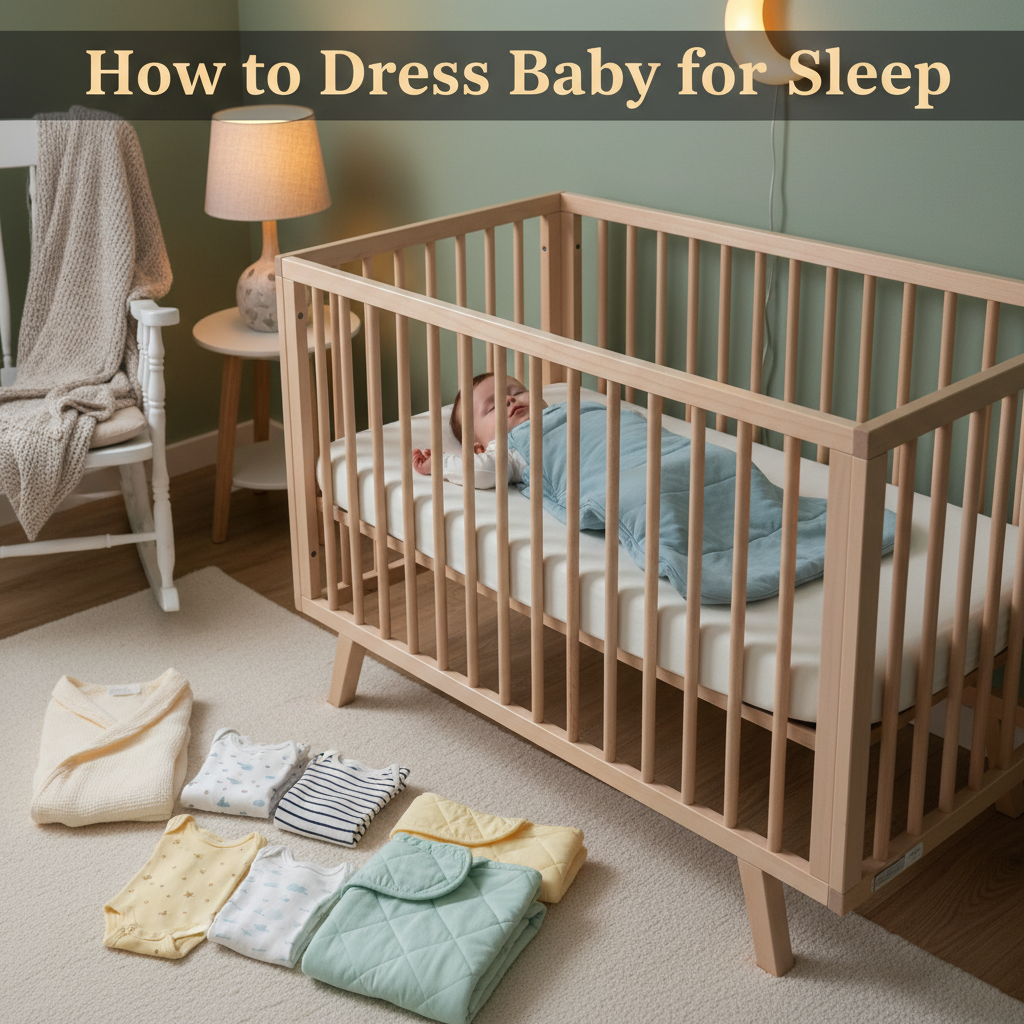 Baby sleeps safely in a cozy crib, surrounded by sleepwear options, showing bedtime dressing tips.