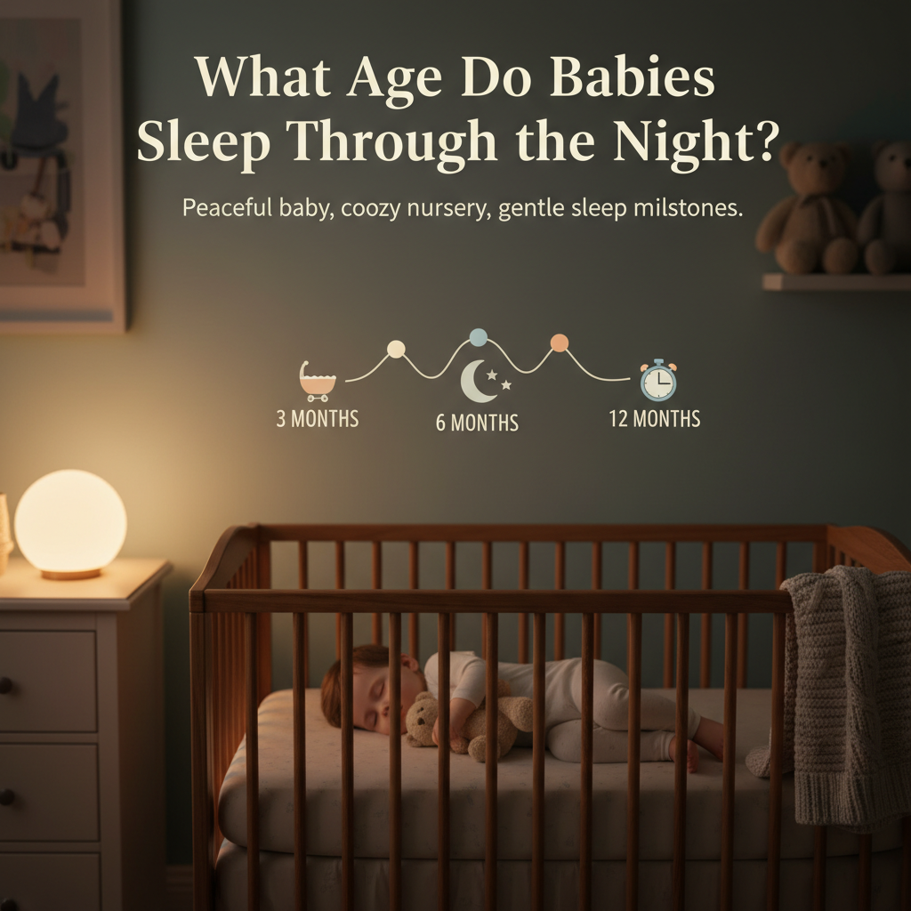 What Age Do Babies Sleep Through the Night? Peaceful baby, cozy nursery, gentle sleep milestones.