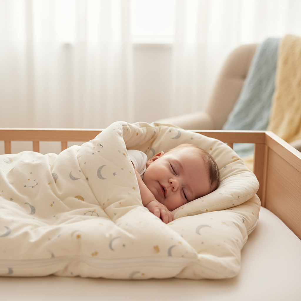 A smiling baby sleeps soundly in a plush, cozy sleeping bag in a softly lit, peaceful nursery.