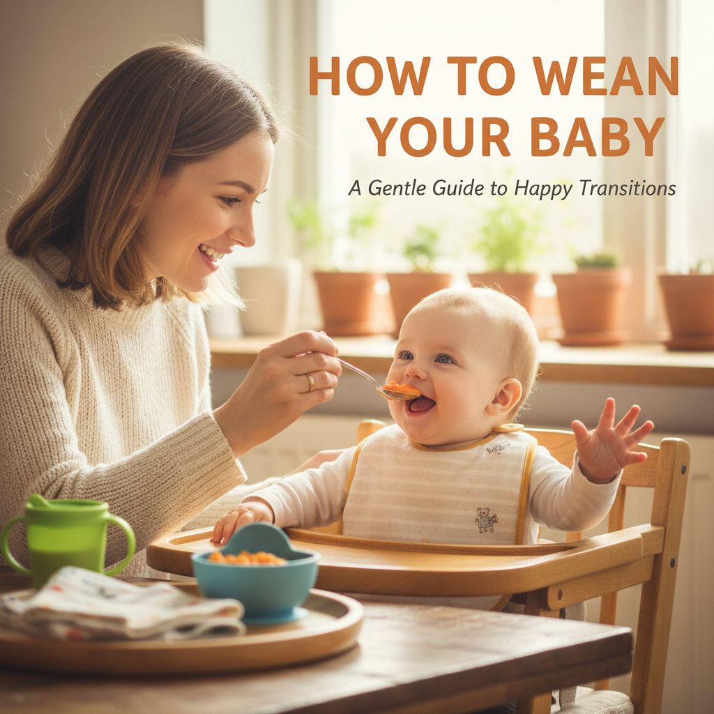 A warm, photorealistic book cover shows a mom weaning her happy baby, with soft light and cozy details.